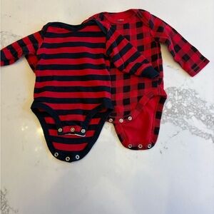 Buffalo plaid/Res and Black Striped Bodysuits with long sleeves.